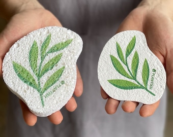 May include: Two white plant-based cleaning sponges with a green leaf design and the word "Plantish" printed on them.
