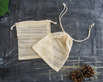 Set of 2 Organic Cotton Mesh Bags | Small Travel Bag for Masks, Cotton Rounds, Underwear, Socks | Zero Waste Laundry/Storage Bag | Plantish