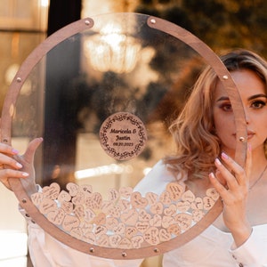Cherish Every Guest's Message in This Circle-Shaped Wedding Guest Book Alternative With Rustic Wooden Tokens And A Custom Engraved Sign