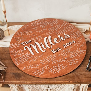 Brown and Beige Circle Unique Wood Guest Book 50th Anniversary, GuestBook Form Alternative, Rustic Boho Wedding Guest Book Sign Party, Personalised Wooden Sign
