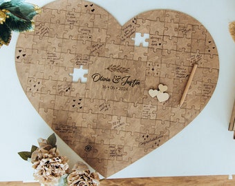Puzzle livre d'or de mariage, décoration en bois en forme de coeur et de rectangle pour les souhaits d'invités, livre d'or romantique en bois