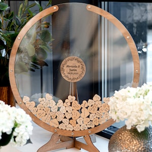 Personalized Wedding Guest Book Alternative, Anniversary Gift For Couple, Circle, Frame Drop Box, Rustic Centerpiece Decor, Wood Guestbook