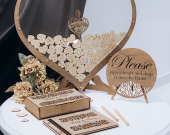 Wedding Guest Book Alternative Wood Set with Card Box, Sign & Classic Guest Book, Personalized Wedding Rustic Decor, Wooden Hearts, Set A