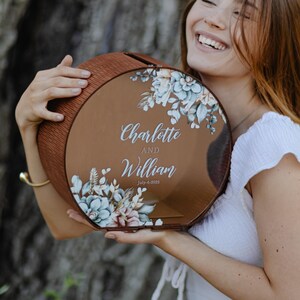 Custom Wedding Circle Gift Card Box Rustic Wood Wedding Reception Decor Modern Floral Engagement Bridal Shower Keepsake Photo Card Box