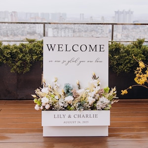 Personalized Wedding Welcome Sign with Flower Box: Rustic White Wood