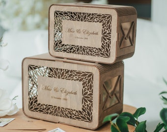 Rectangle Card Box with Envelopes Slot, Wedding Name Sign, Money Gift Box for Bride and Groom, Save the Date for Your Event, Wood Engraving