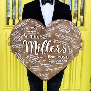 Heart Wedding Guest Book Alternative, Personalized Wooden Wedding Sign From Weddingbyeli with 3D white gold black silver leters & stand