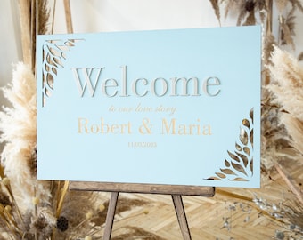 Personalized Wood Wedding Welcome Signage with Easel Stand, Custom Dusty Blue Centerpiece Table Decor, Bridal Shower Sign by WeddingByEli