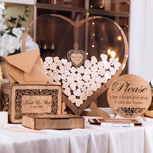 Heart Drop Box Wedding Guest Book Alternatives with 100 120 150 hearts, Wood Acrylic Guestbook for Wedding, Wedding Engagement Decor, Set B