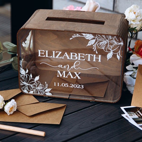 Caja de tarjeta de regalo de madera de boda personalizada con ranura, decoración rústica boho, caja de tarjeta de vidrio acrílico minimalista, caja de memoria para tarjetas de felicitación