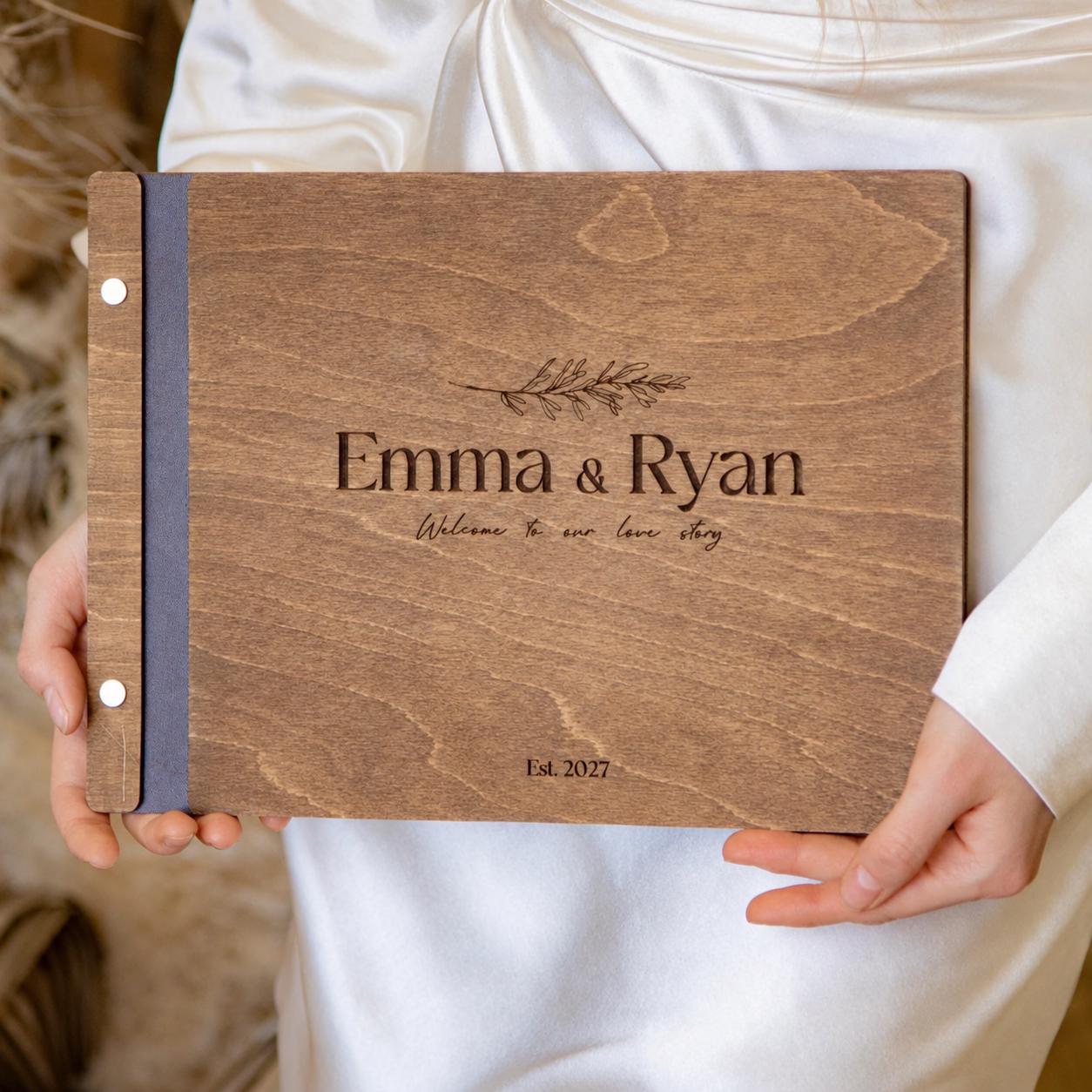 Personalized Wooden Wedding Guest Book, Engraved Photo Album, Custom Keepsake