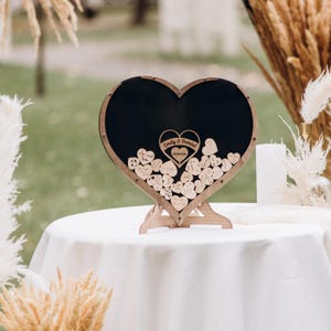 Libro de firmas de boda rústico alternativo, caja de corazón, madera contrachapada y acrílico