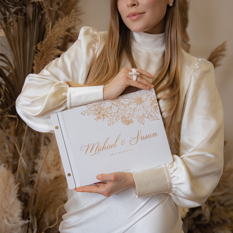 White and Golden Photo Guestbook with Corners, Personalized Laser Engraved, Rustic Wedding Polaroid Guest Book, Mini Photobooth Album, Wood Anniversary Gift