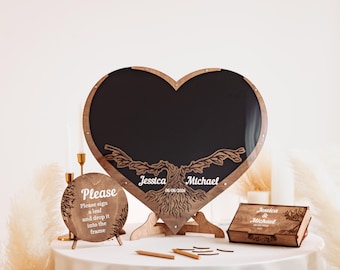 Livre D'Or Mariage Alternatif Rond En Bois Personnalisé - Boîte Coeurs Invités Rustique Et Romantique