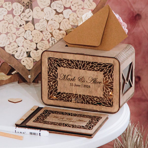 Erinnerungsbox aus Holz für Hochzeiten, Rustikale Kartenbox und Polaroid-Gästebuch-Set, Umschlagbox, Fotoalbum, B