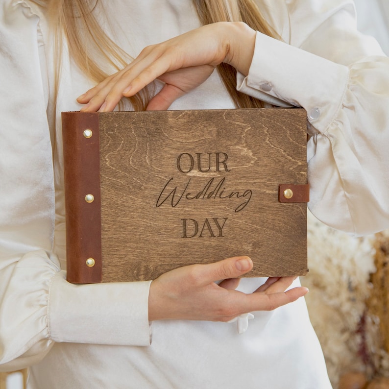 Brown Wooden Box for our Photo Guestbook with Corners, Personalized Laser Engraved, Rustic Wedding Polaroid Guest Book, Mini Photobooth Album, Wood Anniversary Gift