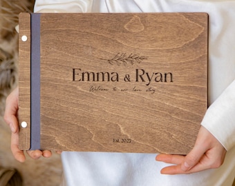 Photo Guestbook with Corners, Personalized Laser Engraved, Rustic Wedding Polaroid Guest Book, Mini Photobooth Album, Wood Anniversary Gift