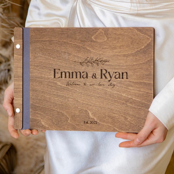 Photo Guestbook with Corners, Personalized Laser Engraved, Rustic Wedding Polaroid Guest Book, Mini Photobooth Album, Wood Anniversary Gift