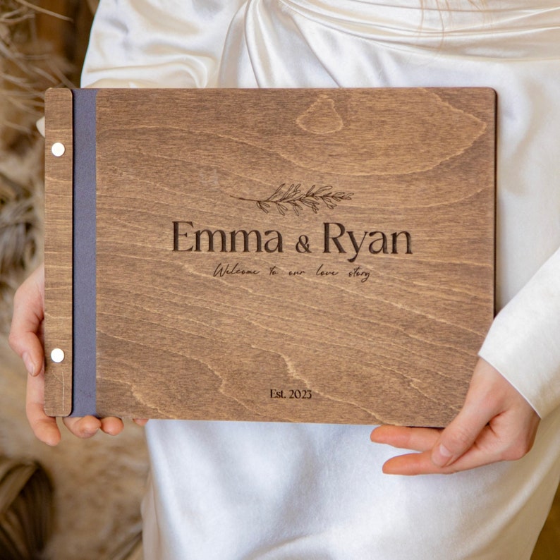 Brown Photo Guestbook with Corners, Personalized Laser Engraved, Rustic Wedding Polaroid Guest Book, Mini Photobooth Album, Wood Anniversary Gift