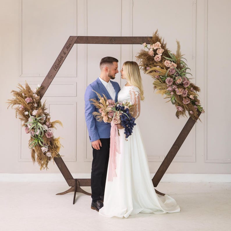 Personalized Wedding Arch, Hexagon Wood Arbor, Custom Engraved Ceremony Backdrop