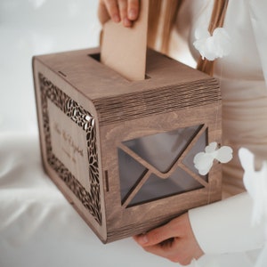 Caixa de cartão de casamento personalizada, decoração rústica de casamento, caixa de correio de casamento boho, caixa de dinheiro de casamento, acrílico de madeira, caminho de mesa de gaze, lembrança