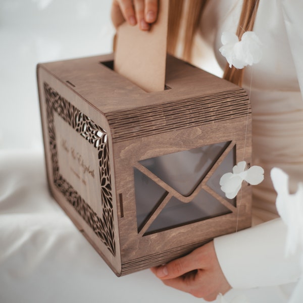 Caja de tarjetas de boda personalizada, decoración de boda rústica, buzón de correos de boda boho, caja de dinero de boda, caja de tarjetas de madera y acrílico, caja de recuerdos