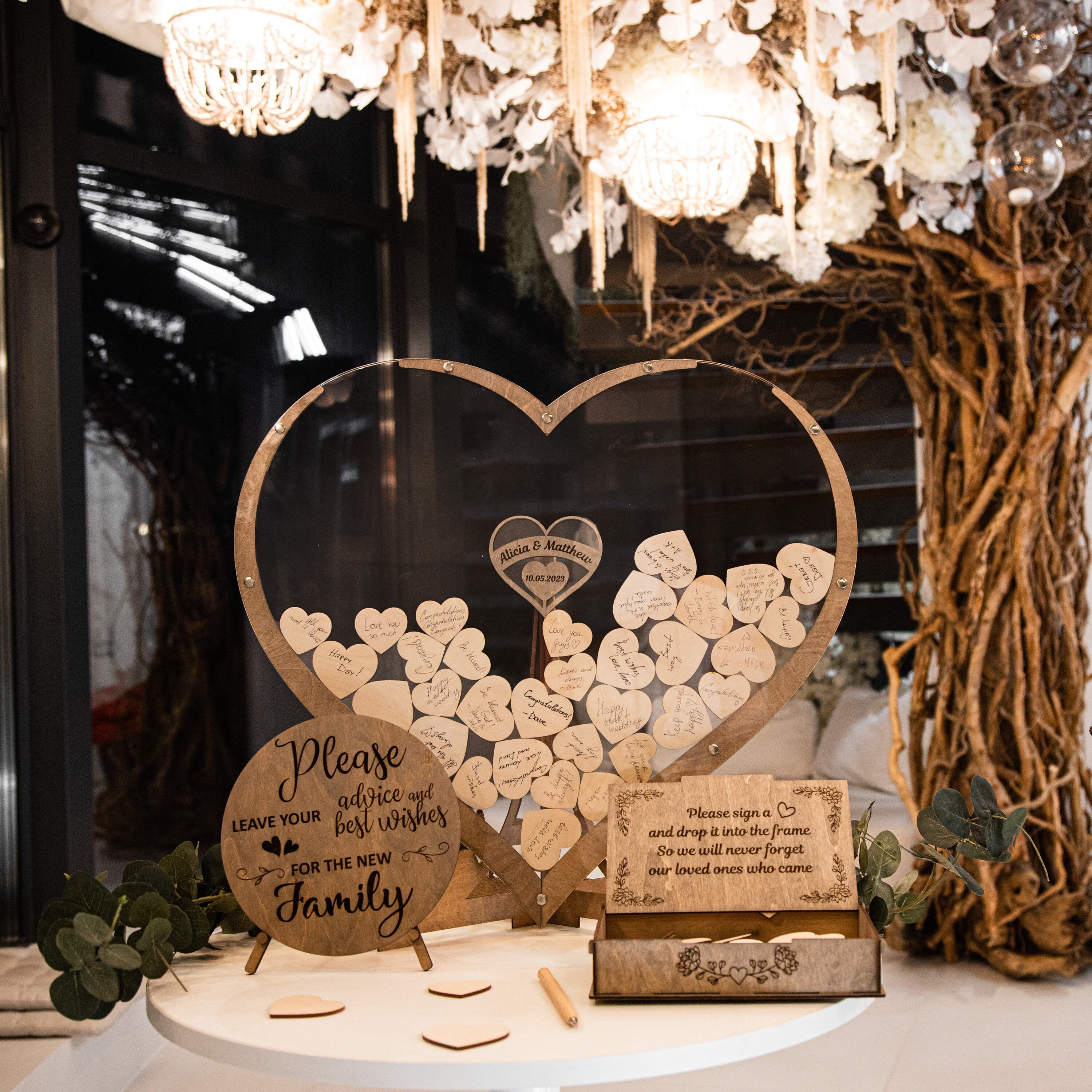 White Background White Heart Shaped Personalised Wooden Wedding Guest Book  Drop Box With Wooden Box Wooden Pen Wooden Hearts Set 