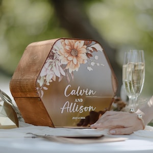 Elegante scatola per biglietti di nozze con fiori, decorazione rustica per fidanzamento, cassetta postale personalizzata, scatola per soldi in legno acrilico, cerchio, quadrato, esagono, arco