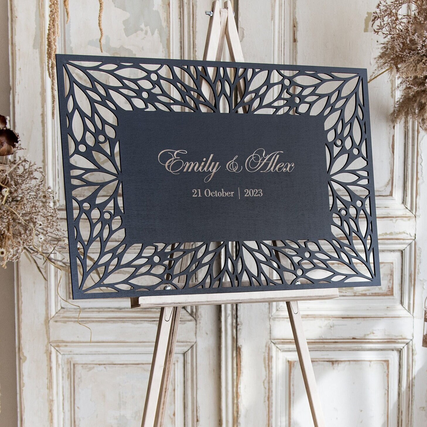 Wood Wedding Reception Welcome Sign with Easel Stand Fall Rustic Boho Centerpieces Table Decor Personalized Winter Wedding