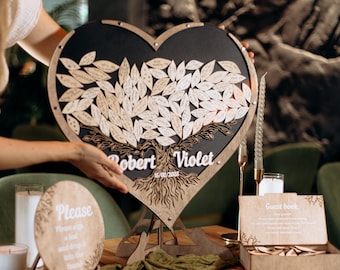 Personalized Wedding Tree Guest Book: Rustic Wooden Anniversary Sign, Wooden Tree with Leaves