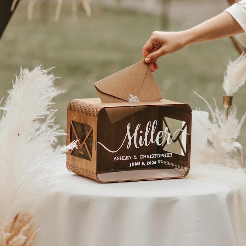 Personalized Wedding Card Box, Wood Acrylic Boho Minimalist Gift Holder