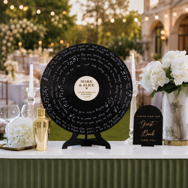 Vinyl Record Wedding Guest Book Alternative, Custom Retro Music Sign, Personalized Wooden LP Display