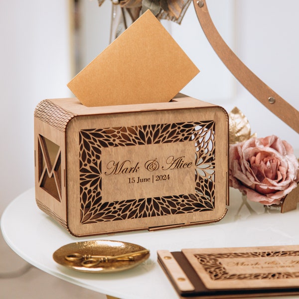 Wedding Card Box and Polaroid Guest Book Set, Wooden Rustic Envelope Box, Reception Decor, Instax Photo Album, Wooden Keepsake Box, B