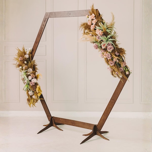 Personalized Wedding Arch, Hexagon Wood Arbor, Custom Engraved Ceremony Backdrop