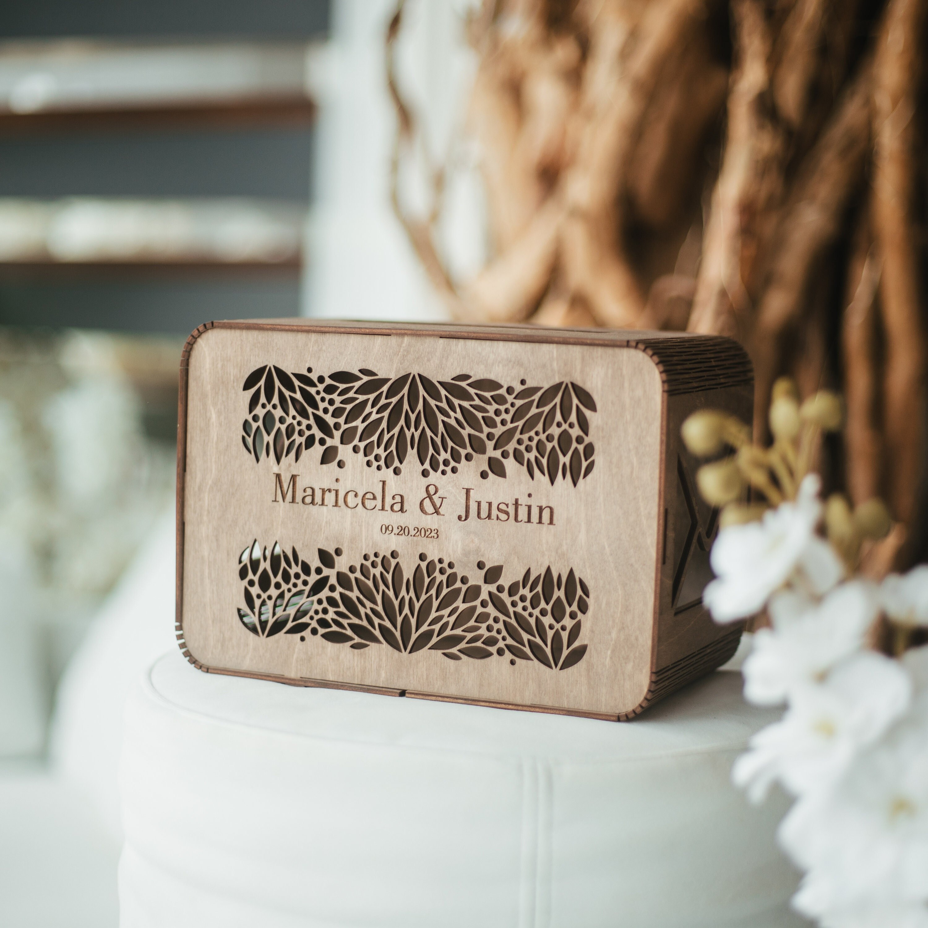 Boho Wedding Card Box With Slot by WeddingByEli Personalized Rustic Table Decorations Wood Money Box Graduation Wooden Card