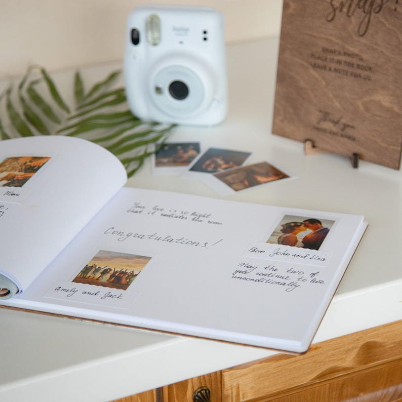 Please Sign Our Guest Book. Polaroid Photo Album Gift, Wooden Guest Book, Wedding Christmas Gift, Gold White Photo Corners, Photobooth Album