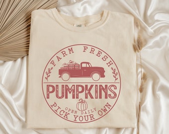 May include: A beige t-shirt with a red graphic of a vintage truck carrying pumpkins. The graphic is in a circle with the text "Farm Fresh Pumpkins Pick Your Own Open Daily".