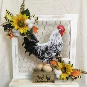 Modern Rustic Small Handmade Farmhouse wall decor shelf with chicken wire and metal chicken