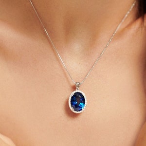 Halo Diamond Princess Necklace with Oval Sapphire