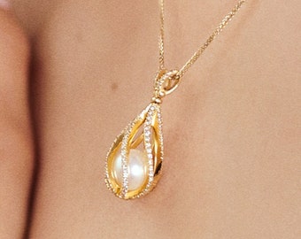 Pearl & Diamond Cage Shaped Teardrop Dangle Necklace