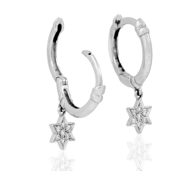 14K Solid Gold Diamond Star Huggie Hoop Earrings with Dangling Charm