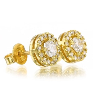0.32  Ct Large Solitaire Real VS1 Diamond Stud Earrings, 14k Yellow Gold Diamond Halo Stud Earrings, Halo Diamond Earrings