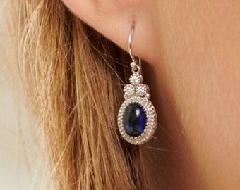 Vintage 14K Gold Oval Cut Unique Sapphire Earrings with Tiny Diamonds