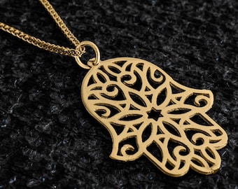 Hamsa Necklace Made of 14K Yellow Gold Cut-Out Design - Kabbalah Jewelry