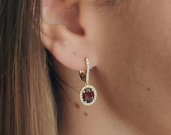 Oval Red Garnet Stone Diamond Drop Dangle Earrings