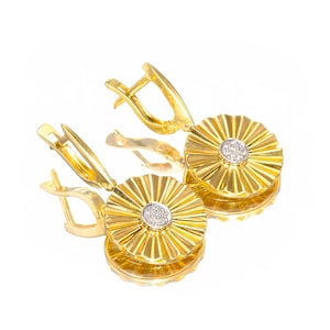 14K Solid Gold Textured Diamond Swirl Circle Dangle Earrings - Earrings with Presence
