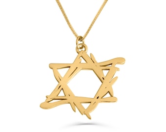 May include: A gold chain necklace with a pendant in the shape of a Star of David. The pendant is made of a single piece of metal and has a rough, hand-drawn look.