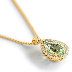 Unique Green Amethyst Teardrop Gold Necklace with Halo Diamond Frame