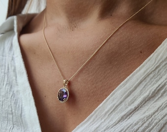 Round Amethyst Necklace with Diamond Halo Setting