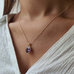 Round Amethyst Necklace with Diamond Halo Setting